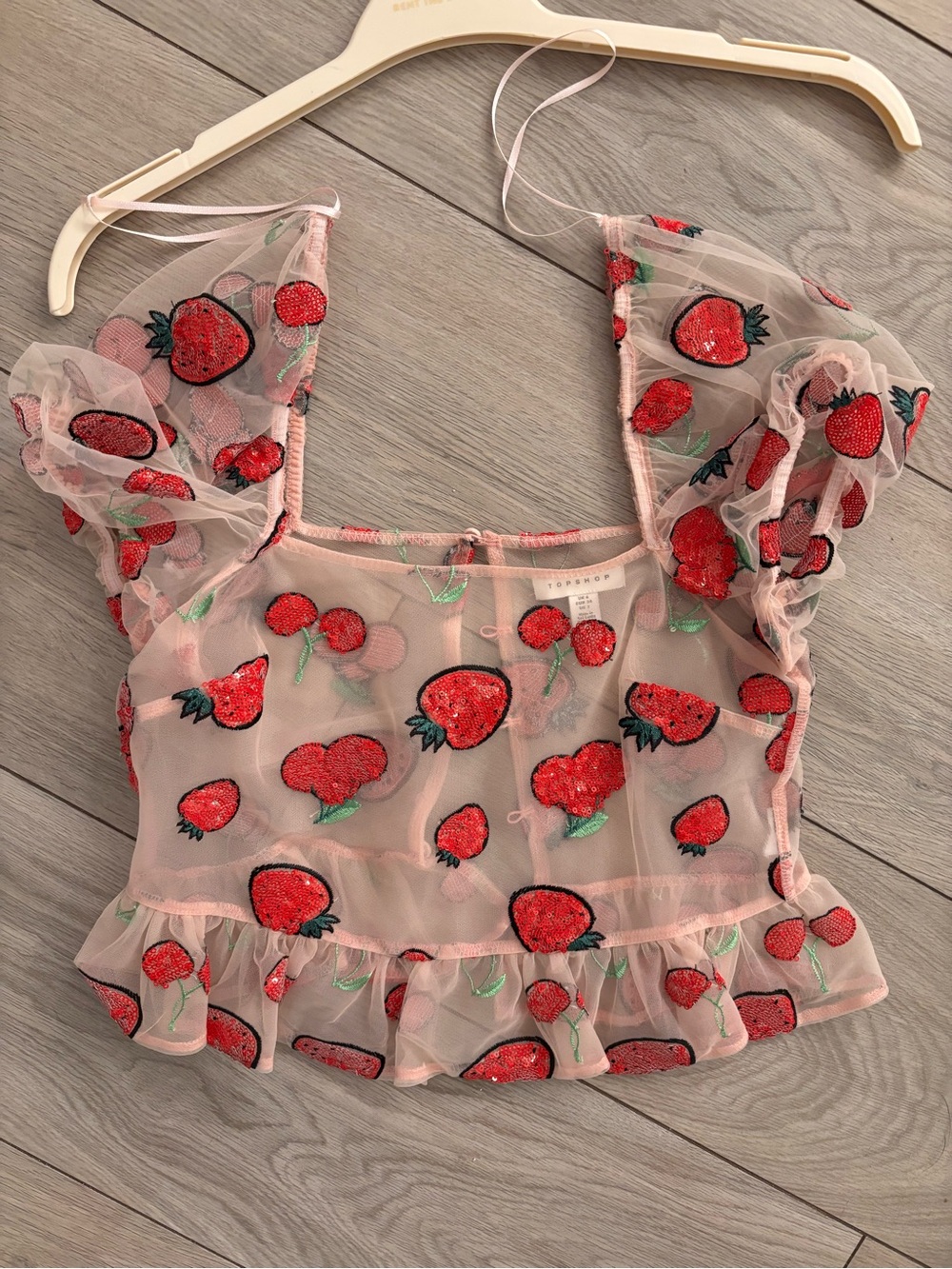 Topshop Pink Sheer Strawberry Appliqué Crop Top